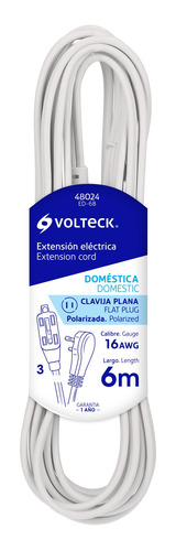 Extensión Eléctrica Doméstica, 6 M, Blanca, Volteck 48024