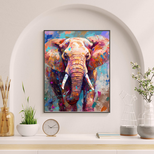 Quadro Decorativo Grande Moldura 90x60 Elefante Colorfull 