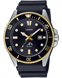 Reloj de pulsera Casio Classic MDV-106 de cuerpo color plateado, analógico, para hombre, fondo negro, con correa de resina color negro, agujas color dorado y blanco, dial blanco y dorado, minutero/seg