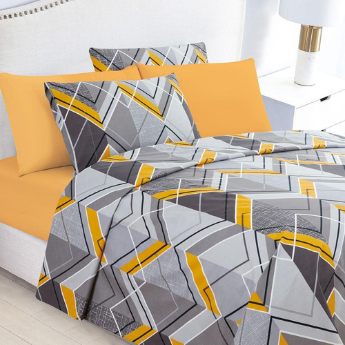 Juego De Sábanas Estampadas Mod. 14000, Tamaño Matrimonial Amarillo-gris Estampada