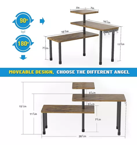  Organizador de encimera, estante esquinero móvil de 3 niveles  para cocina, baño, especiero, área de café, sobre fregadero, tocador  (marrón rústico) : Hogar y Cocina