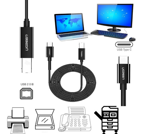 Ugreen Cable Impresora Usb C A Usb B 2.0 2m P / Macbook Mac