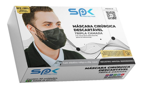 Mascara Com Elástico Spk Preta Tipo Cirurgica  - Cx 50 Pç