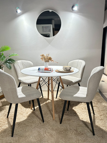 Juego De Comedor Mesa Eames 100cm + 4 Sillas Panama Chenille Gris Chenille