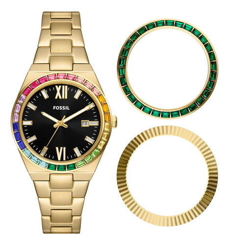 Relógio de pulso analógico Fossil ES5311SET para mulheres, fundo preto, com pulseira de aço inoxidável dourado, moldura dourada e dobrável