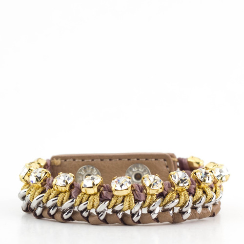 Pulseira Couro Nude Com Dourado E Strass