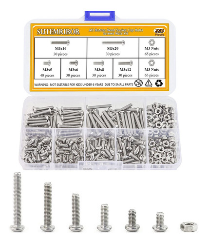 Botón Sutemribor 320pcs M3 De Acero Inoxidable Tornillos De