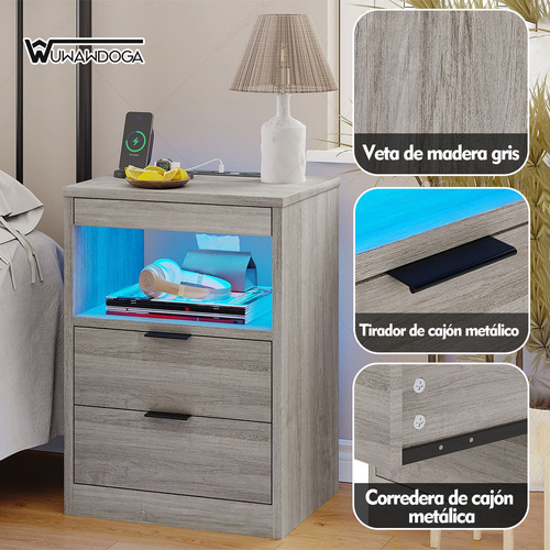 Mesa Noche Buró Recamara Con Estación Carga Color Ajustable