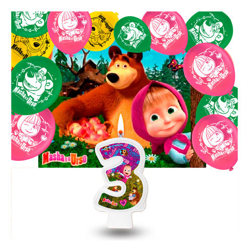 Kit Festa Masha E O Urso Decoração Painel + Bexigas + Vela 3
