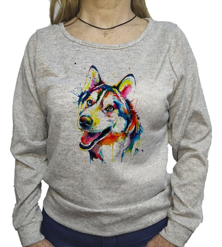 Buzo Lanilla Mujer  Husky Siberiano Watercolor Art M2