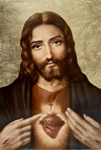 Cuadro Corazón De Jesús - Dorado A La Hoja - 15 X 22 Cm