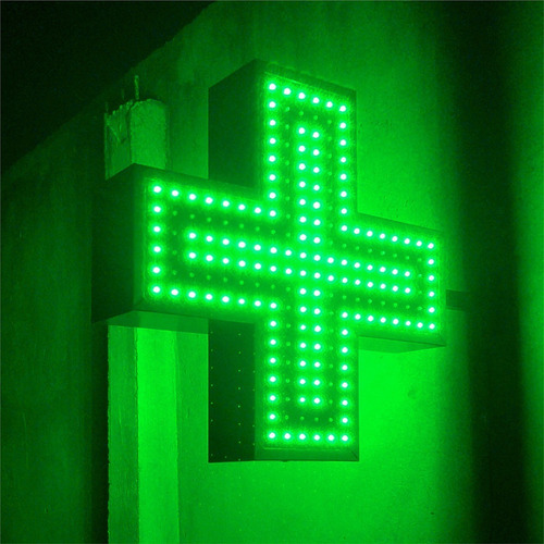 Cartel Cruz Led Verde Farmacia 60x60 Doble Faz Mutiefectos