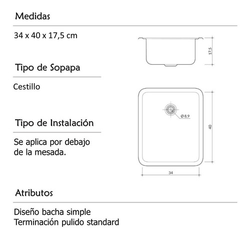 Pileta Bacha Cocina Johnson Simple Acero 304 Quadra Q40