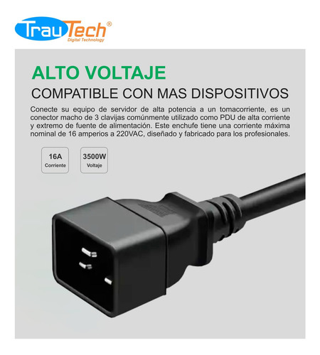 Cable De Poder Ups C19 A C20 1.80 Mts 3x14 Awg 16a Trautech