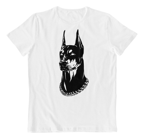 Dtf - Polera Blanca Algodon - Doberman Raza Club Art En B/n