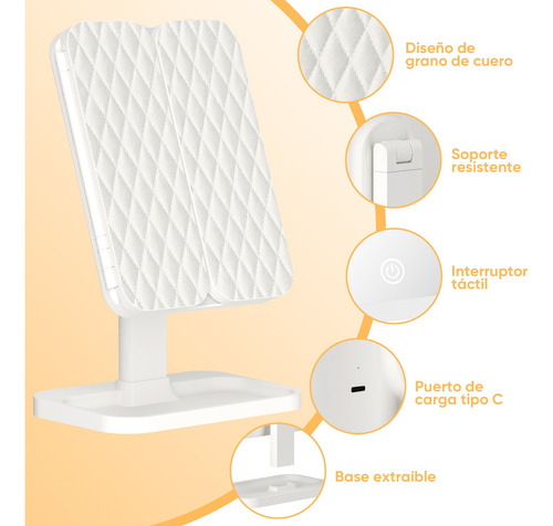 Espejo De Maquillaje Triple Plegable Con Luz Led Y Aumento