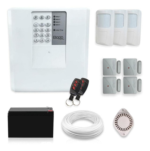 Imagem 1 de 5 de Kit Alarme Residencial Bopo 7 Sensores Discadora Bateria