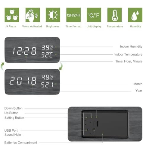 Reloj Despertador Digital De Madera, Reloj De Escritorio Led