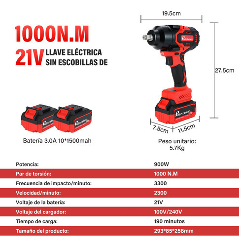Pointekx Llave de Impacto Inalámbrica 1/2" con Motor Sin Escobillas Torque Máximo 738ft-lbs 1000 N.m Pistola de Impacto 21 V Apto Para Camiones Grandes 2*3.0Ah Baterías y Maletín