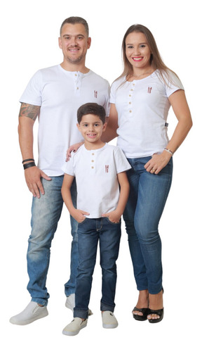 Kit Família Camisetas Henley Branca 3 Peças