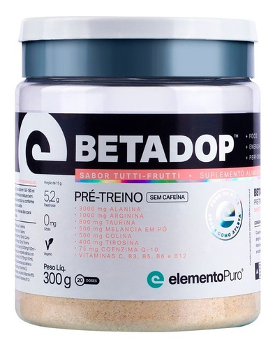 Betadop 300g Pré Treino (sem Cafeína) - Elemento Puro Sabor Tutti Frutti