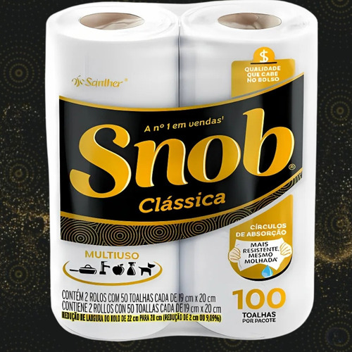 3 Unid. Papel Toalha Snob Folha Dupla Clássica Pct. 2x50=100