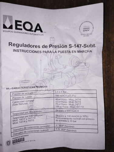 Regulador De Gas Eqa S-147 100m3 Aprobado