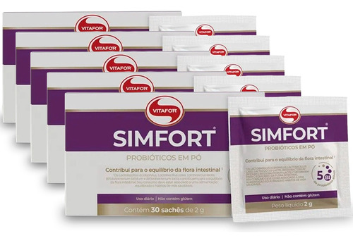 Kit 5 Simfort Mix De Probióticos Vitafor 30 Sachês De 2g Sabor Sem sabor