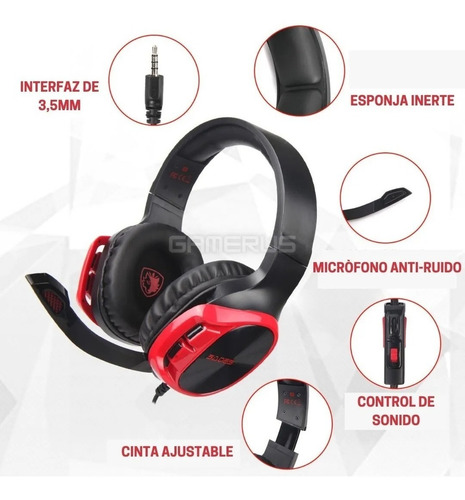Imagen 3 de 9 de Auriculares Gamer Sades R17 Black And Red Pc Ps4