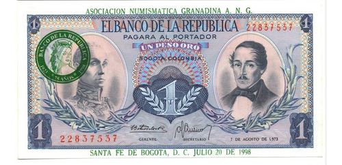 1 Peso 1973 Resello 75 Años Banco De La República 1998