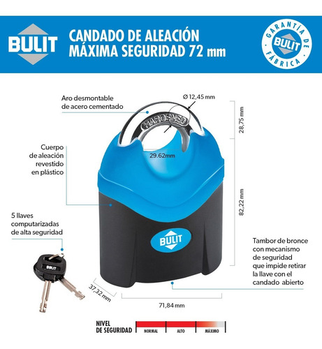 Imagen 6 de 7 de Cadena Bulit Máxima Seguridad 150cm + Candado 72mm 5 Llaves