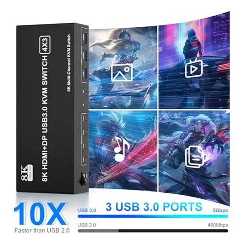 Kvm Switch 3 Monitores 4 Computadoras 8k-4k, Usb Y Hdmi