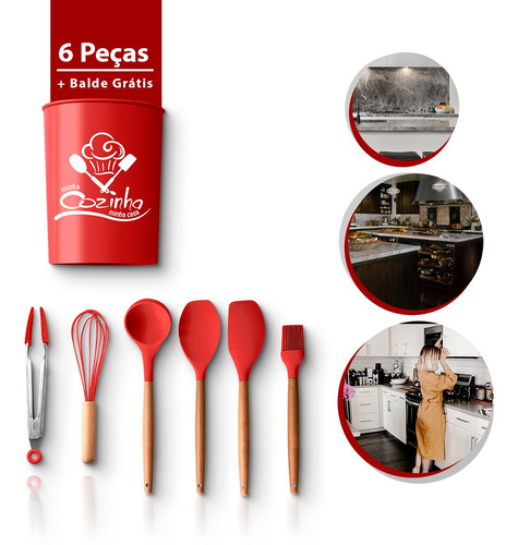 Imagem 1 de 6 de Jogo De Cozinha 7 Pecas Cor Vermelho De Silicone