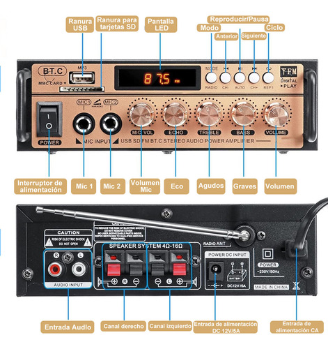 Amplificador De Audio Hifi Bluetooth Para Casa/auto Alta Fidelidad Aux/fm/tf/usb 2 Canales Con 2 Tomas De Micrófono Con Función De Echo Lujo Dorado