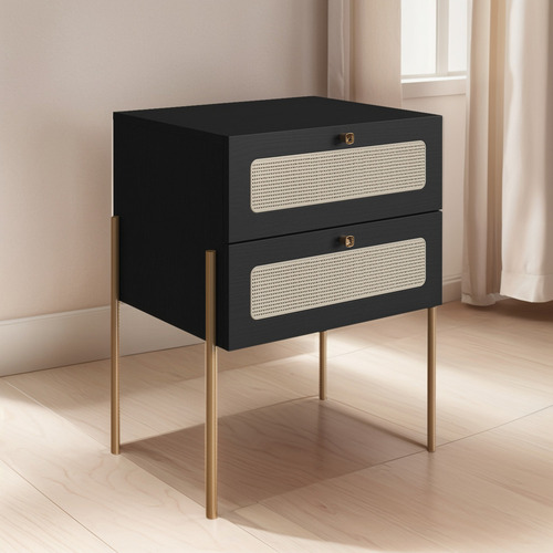 Mesa Cabeceira 2 Gaveta Telinha Industrial Indy Nero Dourado