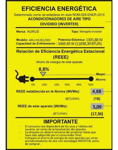 Minisplit Aurus Inverter 1 Ton 110v Solo Frio Wifi Gas R32 Blanco