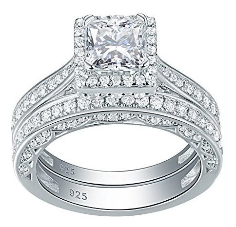 Newshe Mujer 1.5ct Princesa Blanca Aaa Cz 925 Anillo De Comp