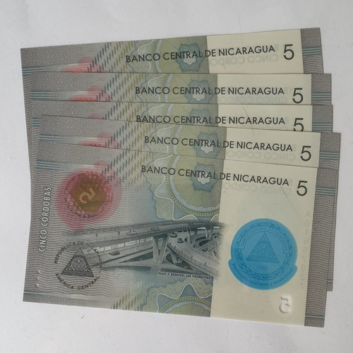 Imagen 1 de 2 de Billetes Mundiales : Nicaragua  5 Cordobas 2019 Lote 5 Bill.