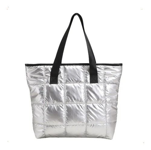 Tote Bag Carteras De Mujer Cartera Puffer Bolsos Grande Color Plateado Correa De Hombro Negro