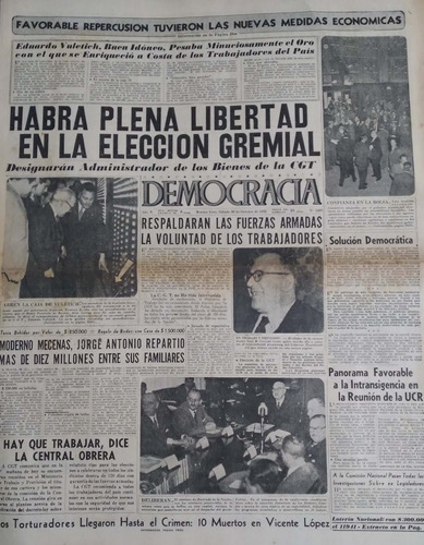 Diario Democracia 29/10/1955 Golpe Estado,eleccion Gremia