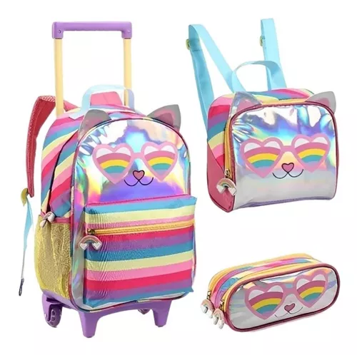 Mochila Escolar Infantil Rodinhas Gatinha Lancheira Estojo