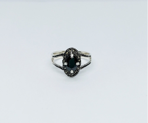 Anillo Solitario Vintage Zirconia Negra Plata Ley 925 Dama