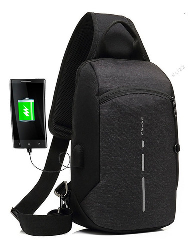 Mochila Antifurto Baibu Crossbody Usb Notebook Impermeável Cor Preto Desenho do tecido Liso