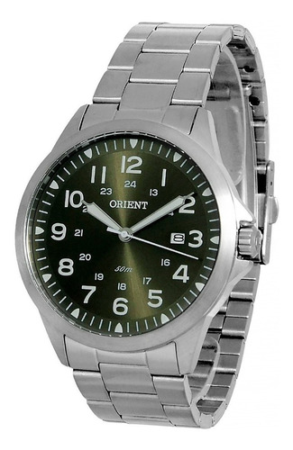 Relógio de pulso Orient MBSS1380 com corria de aço cor prateado - fondo verde
