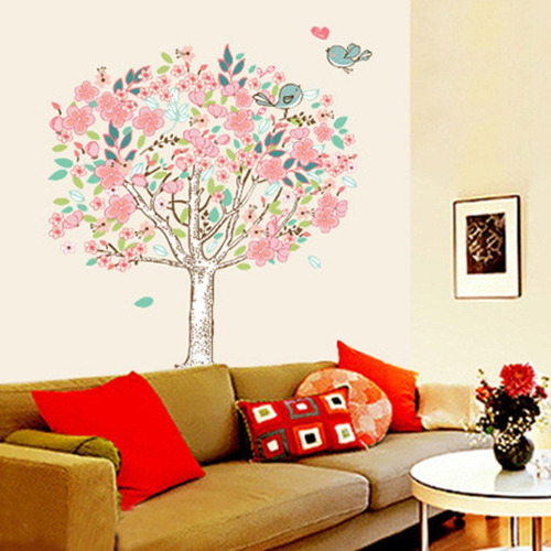 Vinil Decorativo Arbol Rosa Aves Decoracion Pegatina Pared