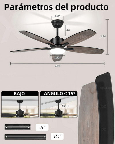 42''ventilador De Techo Con Luz Led Y Control Remoto,lampara 1.067 M 60hz Negro Amarillo Madera 5