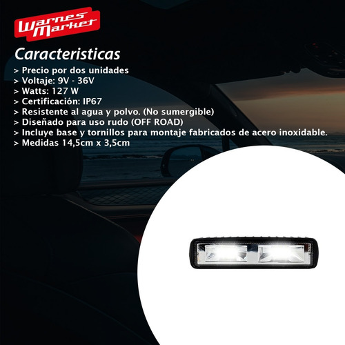 Imagen 2 de 10 de 2 Faro Auxiliar 12 Led Barra Rectangular Off Road 4x4 Auto