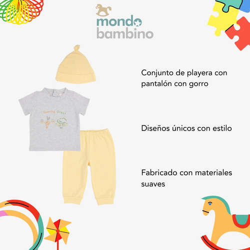 Conjunto Pantalón Y Playera Con Gorro De Bebé Mondo Bambino Gris - Amarillo 12 M