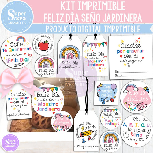 Kit Imprimible Feliz Día Seño Jardinera Tags Etiquetas Tarj