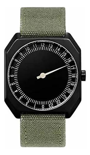 Reloj Suizo Una Mano 24h - Negro Con Correa De Lona Verde Ol
